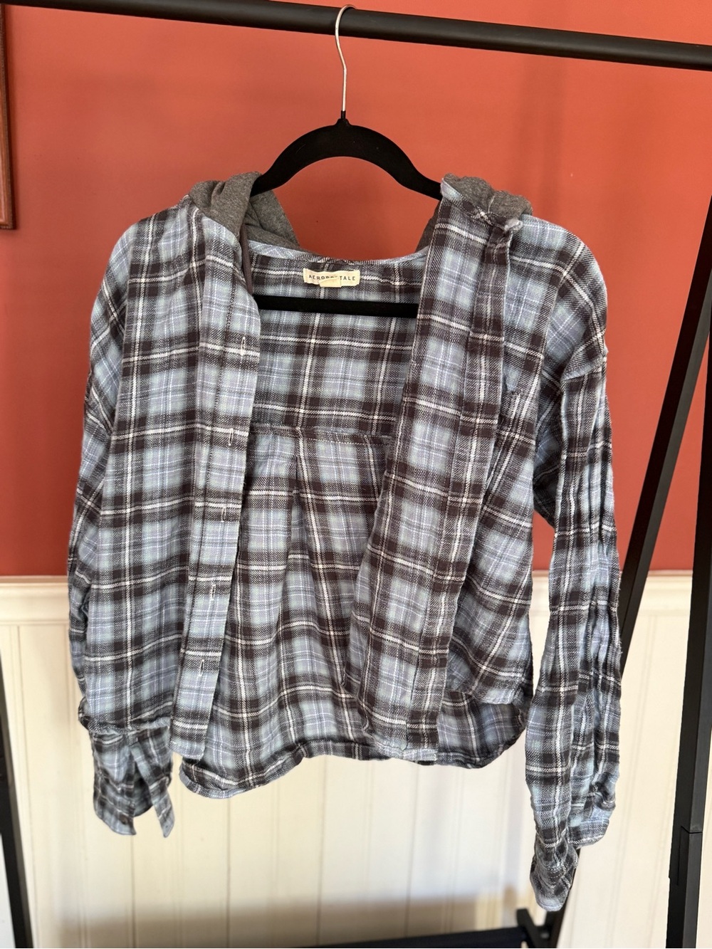 Aeropostale Gray and Light Blue Plaid Hooded Flannel Top